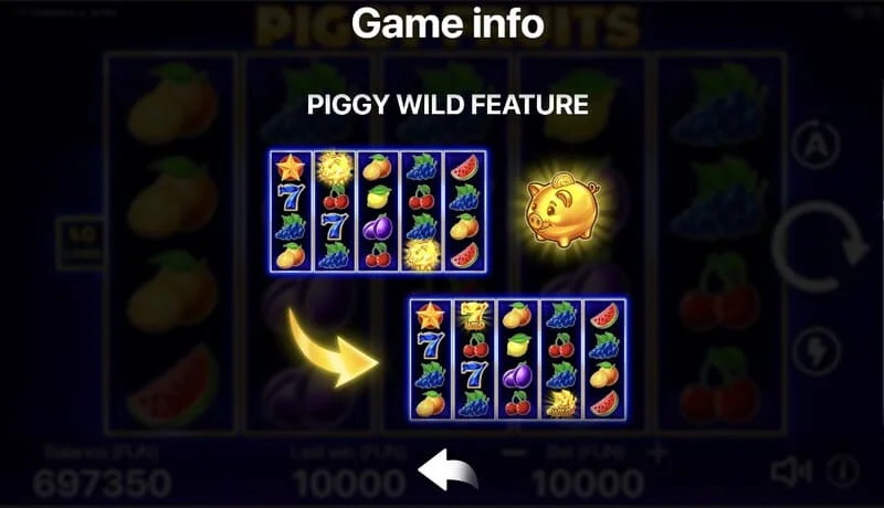 Piggy Fruits – οθόνη παιχνιδιού με πλέγμα 5x4 και σύμβολα φρούτων